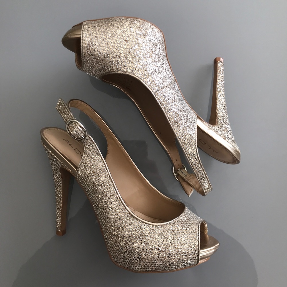 Gold open toe sling back platform heels
